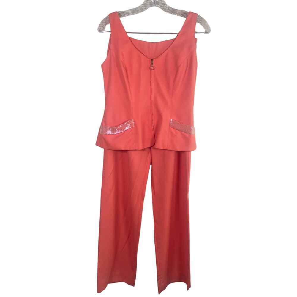 AJ Bari Pant Suit Women's 8 Orange‎ Sherbet Vintage Sequins Embellished Halter